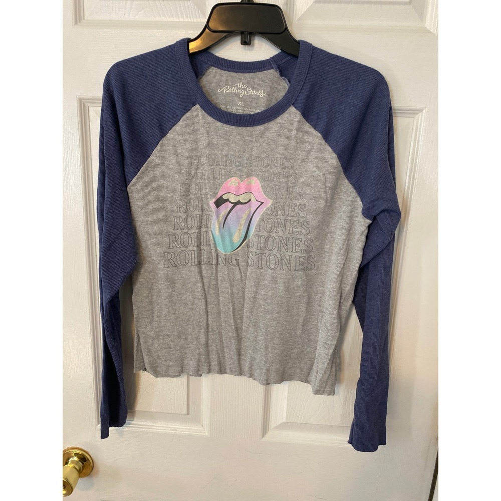 Rolling Stones Graphic Thermal Raglan Shirt Grey Blue XL Pastel Tongue Logo